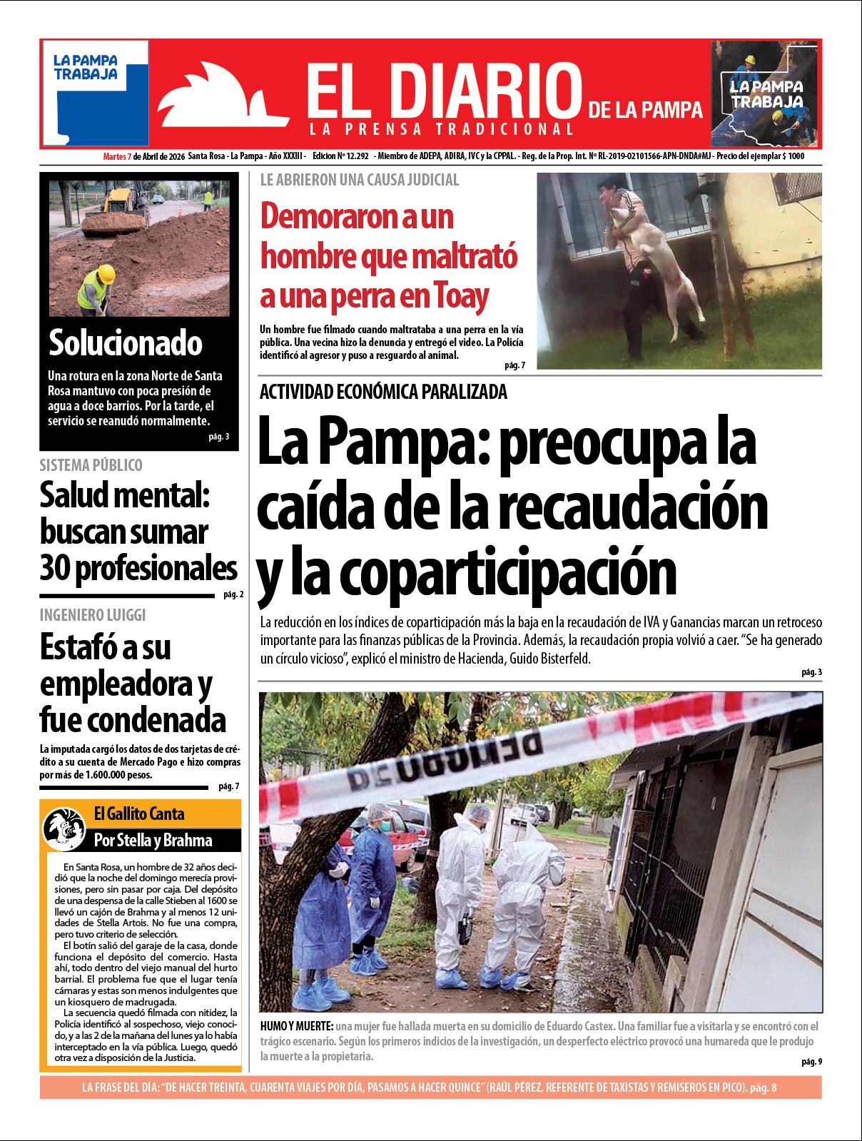 Tapa de El Diario en papel  martes 07 de abril de 2026